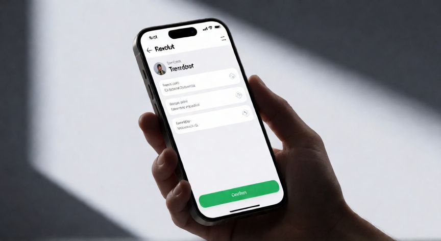 Pantalla de la aplicación Revolut mostrando la interfaz de transferencia bancaria