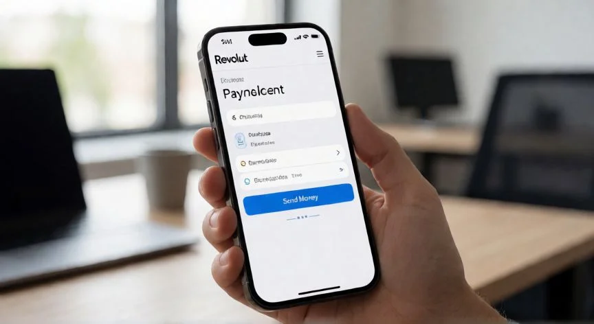 Mano sosteniendo un móvil con la app de Revolut abierta en la sección de pagos
