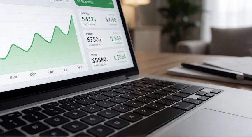 como hacer transferencia en revolut, Vista detallada de una laptop mostrando datos financieros y tipos de cambio en tiempo real