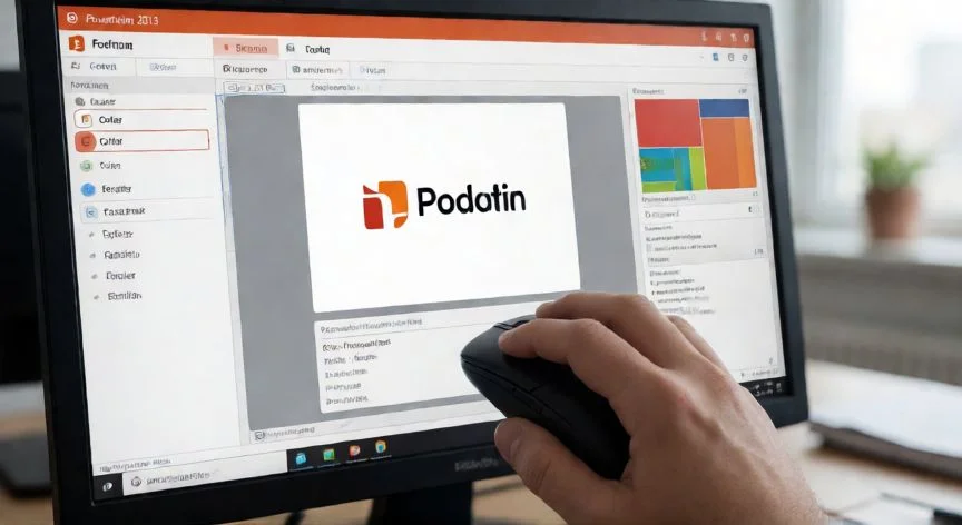 Interfaz de PowerPoint 2013 con la herramienta de color transparente seleccionada sobre una imagen de logotipo