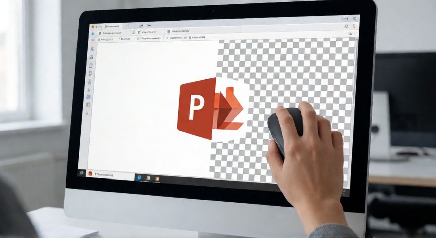 como hacer transparente una imagen en powerpoint 2019, Pantalla de PowerPoint 2019 mostrando la herramienta Quitar fondo aplicándose a un logotipo sobre una diapositiva