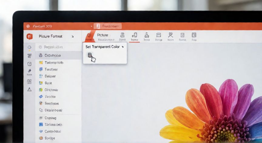 como hacer transparente una imagen en powerpoint 2019, Menú Formato de imagen en PowerPoint 2019 con la opción Establecer color transparente desplegada