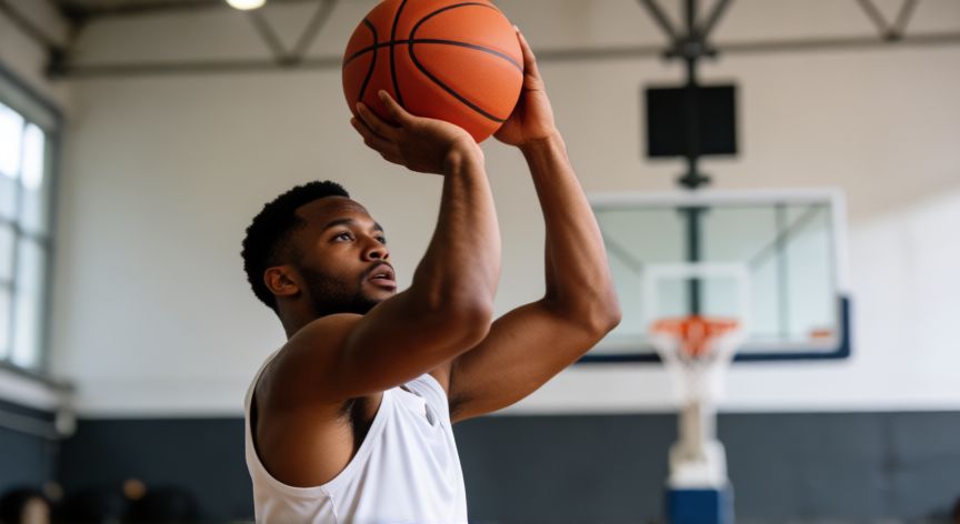 Jugador de baloncesto ejecutando un lanzamiento de tres puntos con buena postura