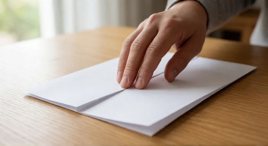 Manos plegando una hoja de papel blanca sobre una mesa de madera