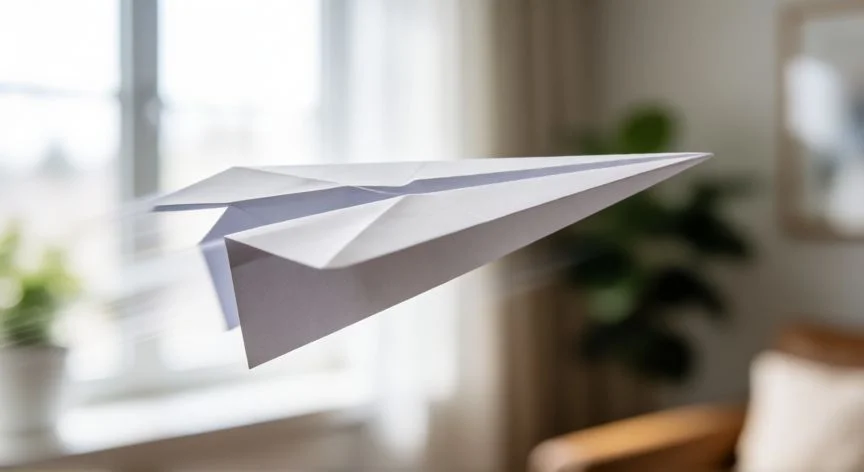 como hacer un avion de papel, Avion de papel blanco volando suavemente por una habitacion iluminada