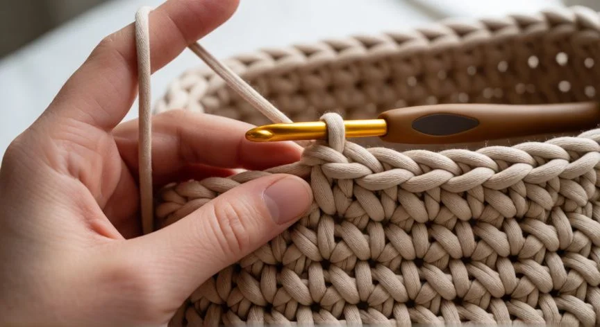 Bolso de crochet moderno en algodón beige con gancho y materiales sobre mesa de madera
