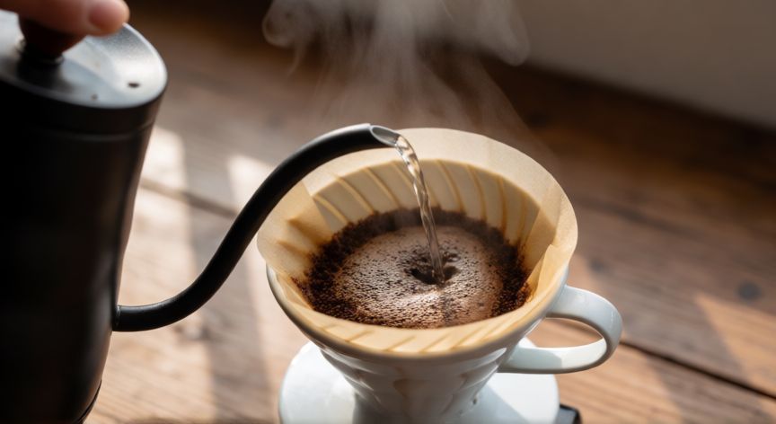 como hacer un cafe, Mano vertiendo agua caliente en un dripper de café V60 sobre mesa de madera