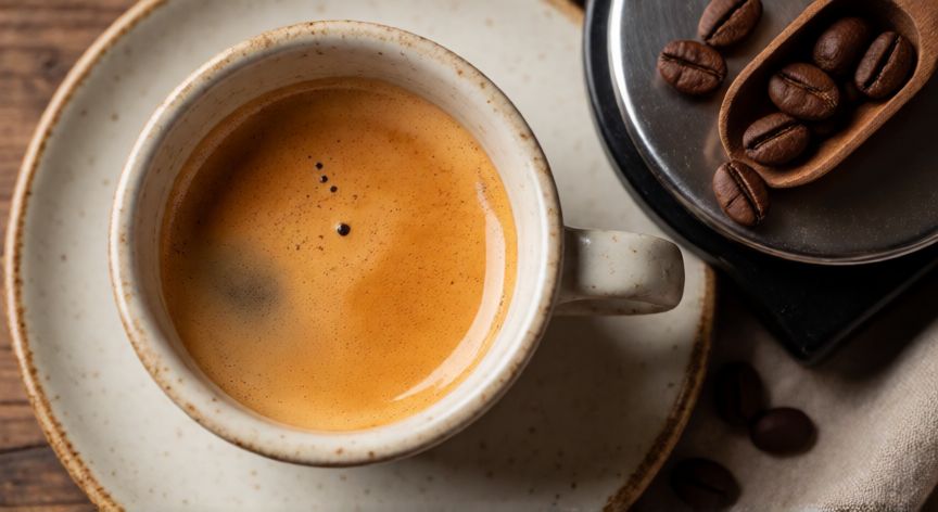 como hacer un cafe, Taza de espresso con crema junto a una báscula y café en grano visto desde arriba
