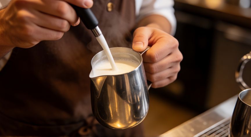 como hacer un cafe capuchino, Barista vaporizando leche con espuma cremosa en una jarra de acero inoxidable