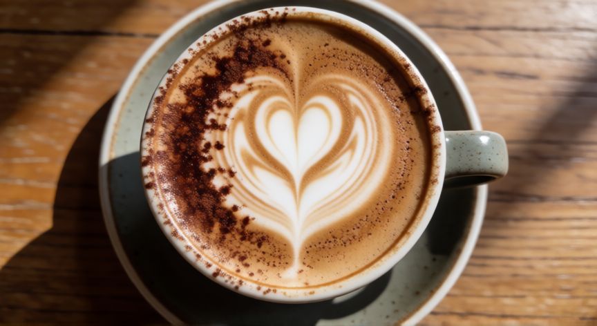 como hacer un cafe capuchino, Taza de café capuchino con arte de latte y polvo de cacao sobre mesa de madera