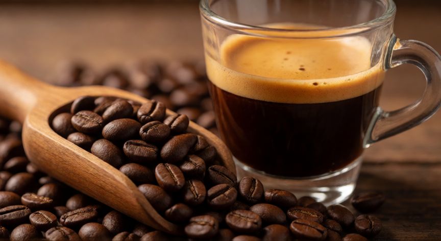 como hacer un cafe con leche, Granos de café tostados y un espresso con crema dorada en vaso de cristal