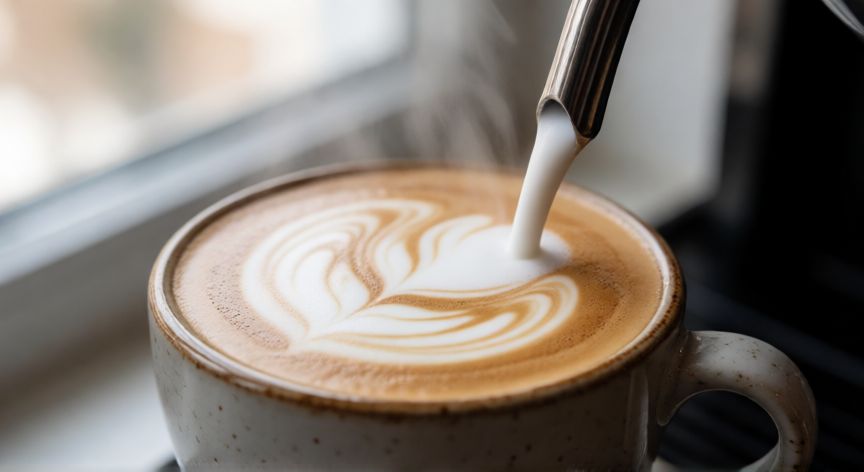 como hacer un cafe con leche, Verter leche con microespuma en taza de cerámica creando arte latte