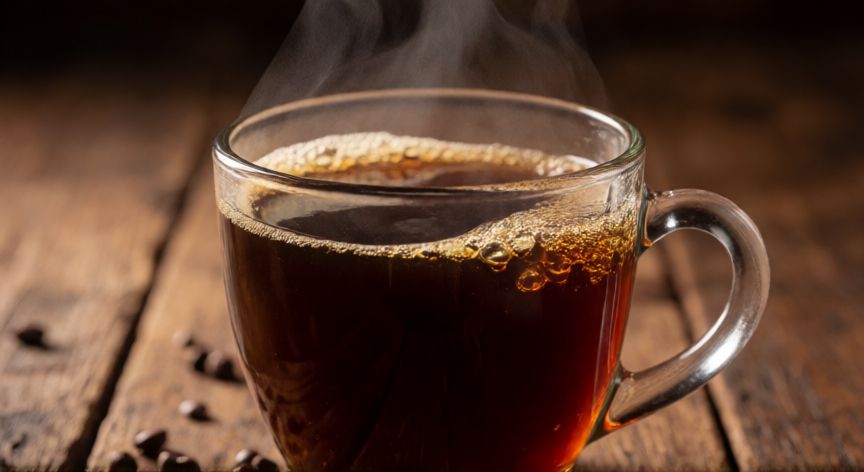como hacer un cafe con licor 43, Vaso de cristal con café negro y Licor 43 humeante sobre mesa de madera