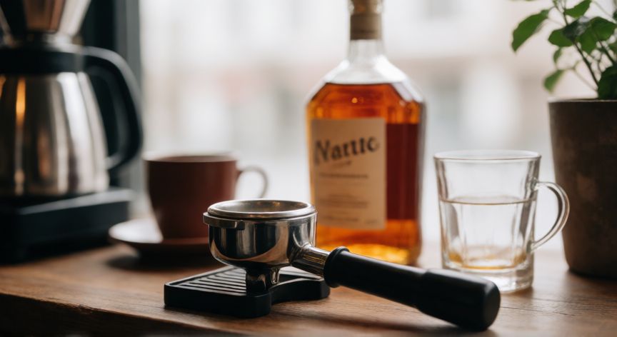 como hacer un cafe con licor 43, Porta filtro de café y botella de licor ámbar en ambiente acogedor