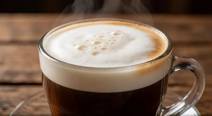 Copa de café espumoso con textura cremosa sobre mesa de madera