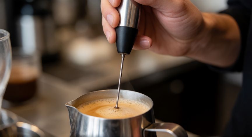 como hacer un cafe espumoso, Proceso de batir café con espumadera metálica creando microespuma