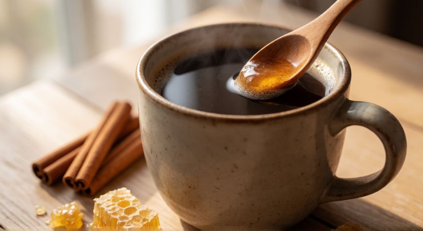 como hacer un cafe para quitar el sueño, Taza de café caliente con miel y canela sobre mesa de madera