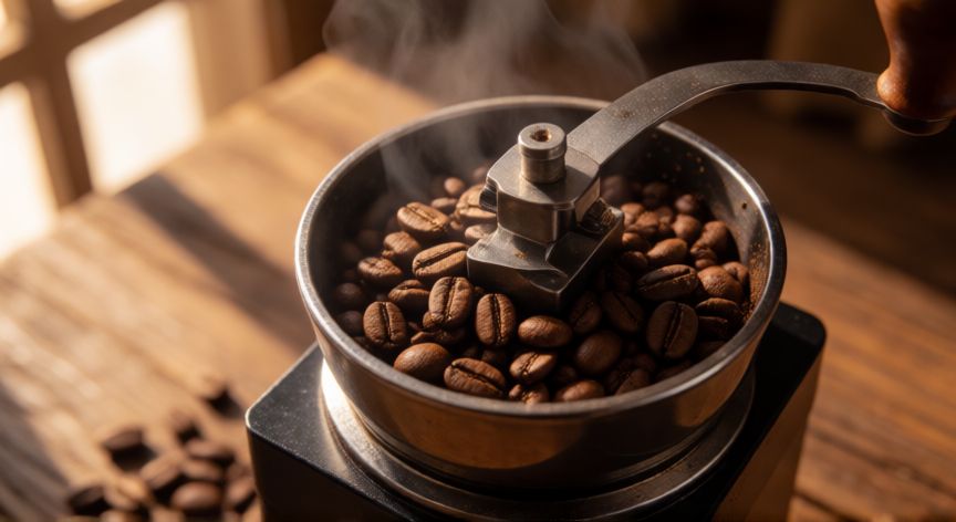 como hacer un cafe que te despierte, Molienda de café fresco en un molinillo de muelas con luz matinal