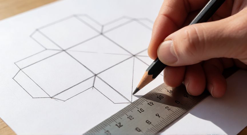 como hacer un cubo de 10 cm cada lado, Dibujo de la plantilla de un cubo sobre papel con regla metálica