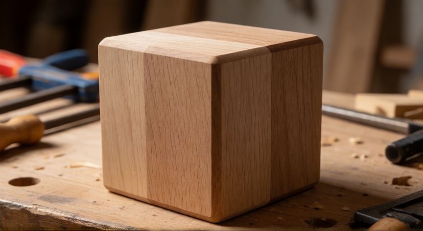 como hacer un cubo de 10 cm cada lado, Cubo de madera terminado con bordes perfectos sobre banco de trabajo