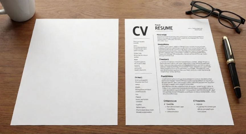 como hacer un curriculum, Hojas de papel con un currículum en blanco y uno relleno sobre un escritorio
