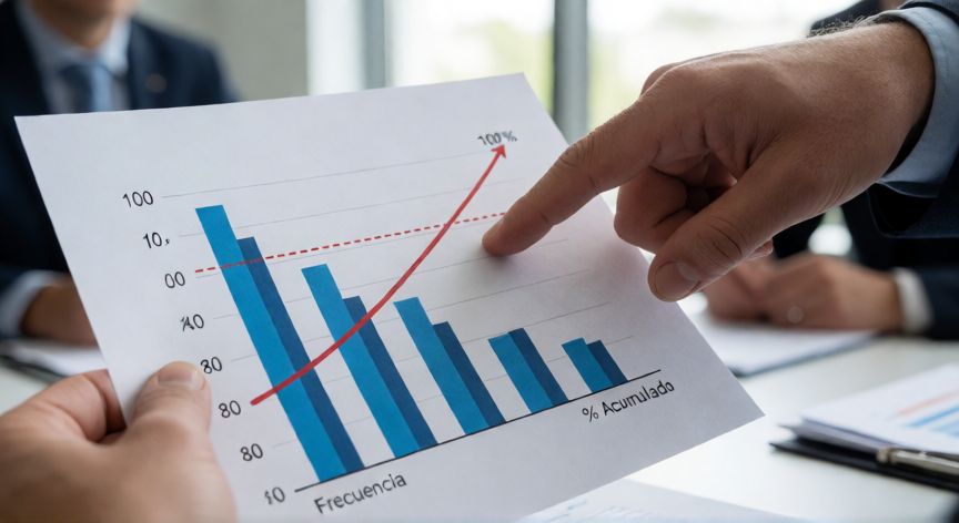 como hacer un diagrama de pareto en excel 80 20, Mano señalando la línea del 80% en un diagrama de Pareto impreso durante una reunión