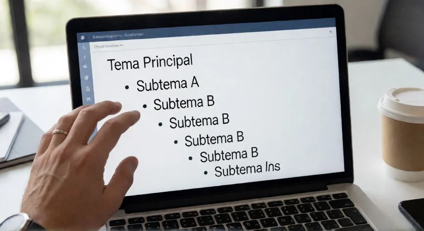 Vista Esquema de PowerPoint en una laptop mostrando estructura jerárquica de diapositivas