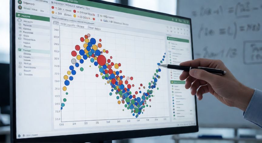 como hacer un grafico en excel con 3 variables, Pantalla de Excel mostrando diagrama de dispersión con burbujas de tres variables