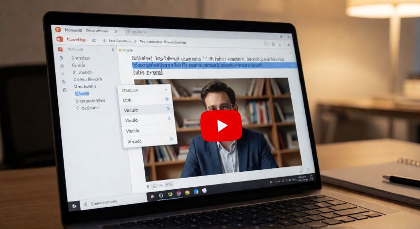 como hacer un hipervínculo en powerpoint youtube, Pantalla de PowerPoint mostrando la opción de insertar hipervínculo sobre un texto seleccionado con miniatura de YouTube