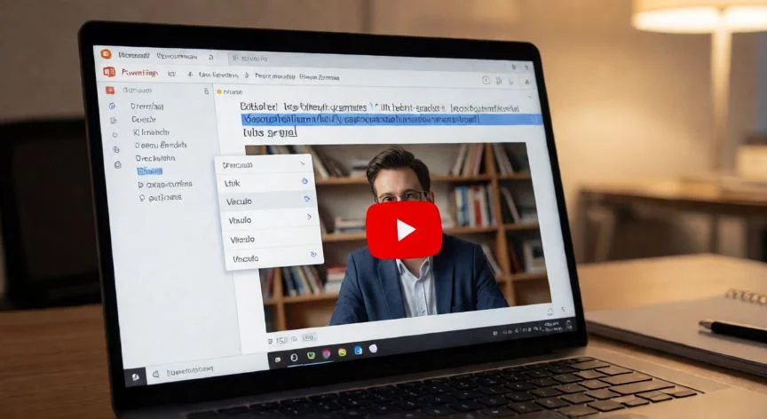 Pantalla de PowerPoint mostrando la opción de insertar hipervínculo sobre un texto seleccionado con miniatura de YouTube