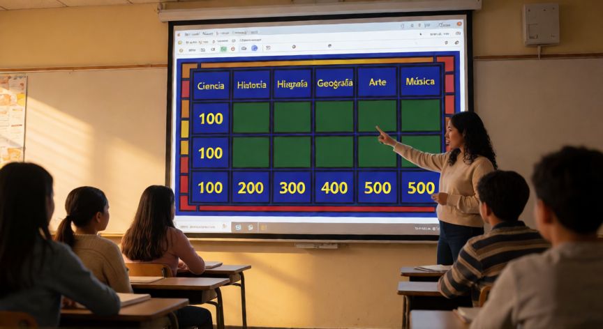 como hacer un jeopardy en powerpoint, Pantalla de PowerPoint mostrando un tablero tipo Jeopardy con categorías y valores puntuales en un aula