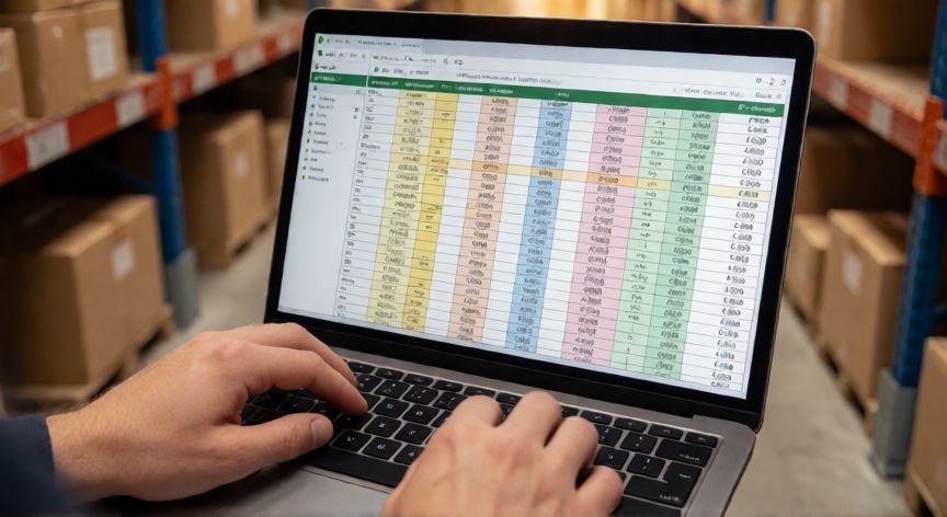 como hacer un kardex en excel, Persona creando un kardex de inventario en Excel en un entorno de almacén