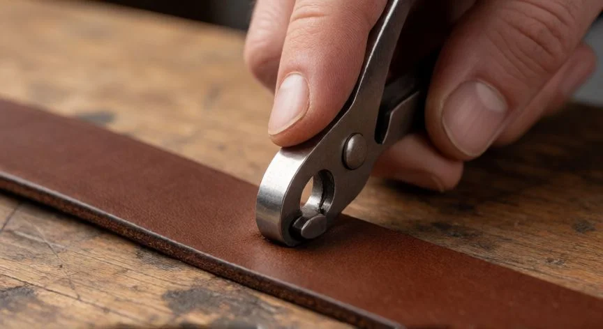 Manos usando un perforador rotativo sobre un cinturón de cuero marcado con lápiz sobre una mesa de madera