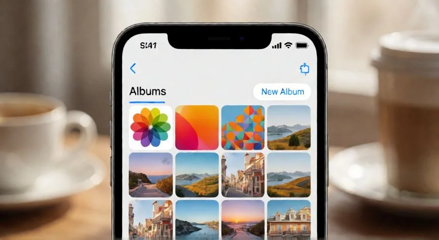 Pantalla de iPhone mostrando la opción para crear un nuevo álbum en la app Fotos