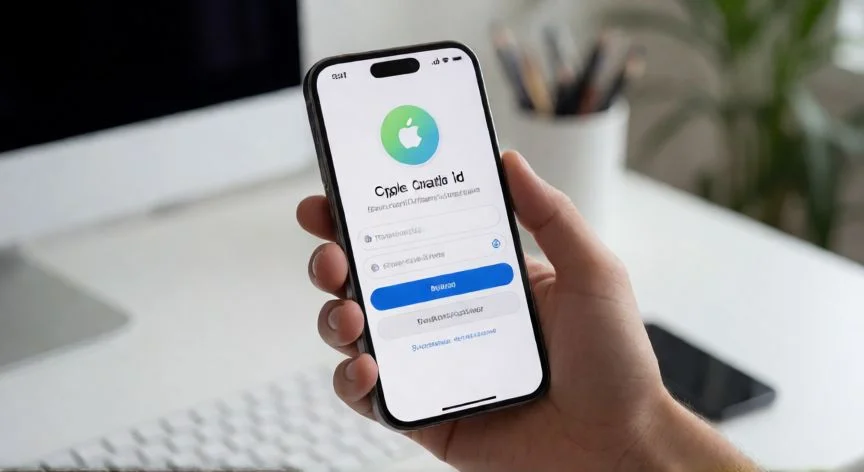 Pantalla de creación de Apple ID en un iPhone sobre una mesa de trabajo