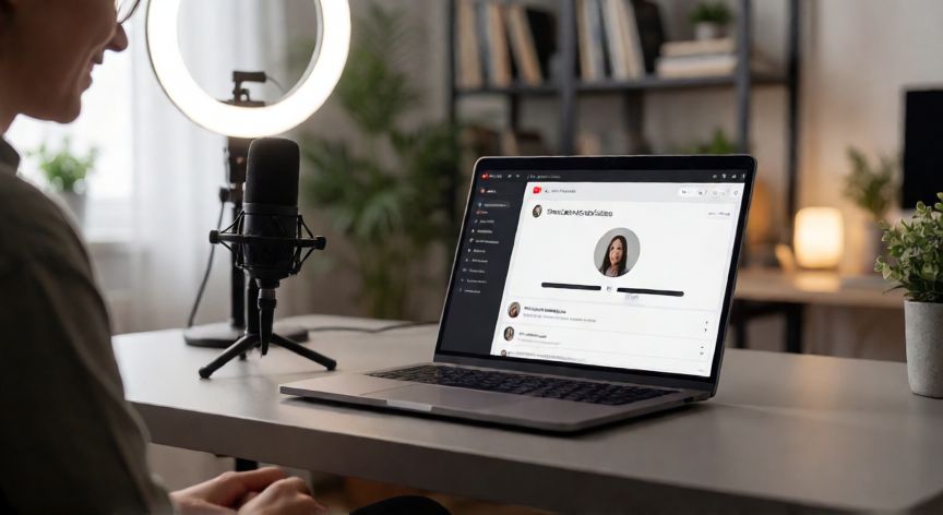 como hacer un nuevo canal de youtube, Persona creando su canal de YouTube en un estudio doméstico moderno