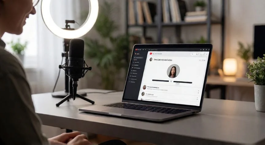 Persona creando su canal de YouTube en un estudio doméstico moderno