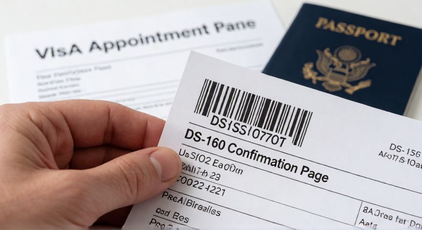 como hacer un nuevo ds 160, Página de confirmación DS-160 impresa con código de barras y pasaporte de EE.UU.
