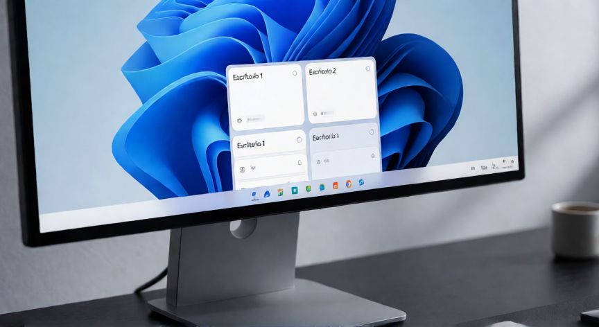 como hacer un nuevo escritorio en windows 11, Vista de la barra de tareas de Windows 11 mostrando la opción para añadir un nuevo escritorio virtual