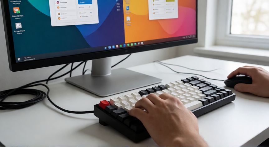 como hacer un nuevo escritorio en windows 11, Manos de un usuario gestionando escritorios virtuales en una configuración de escritorio moderna y ordenada