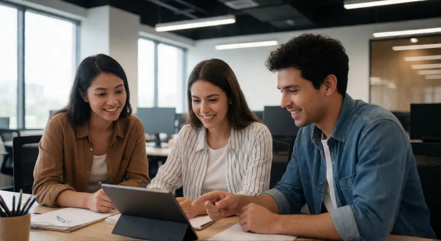 como hacer un nuevo grupo de chat en teams, Equipo de trabajo colaborando en una oficina moderna usando dispositivos digitales