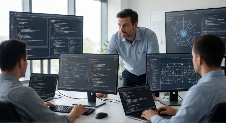Equipo de desarrolladores trabajando en la arquitectura técnica de un nuevo home banking