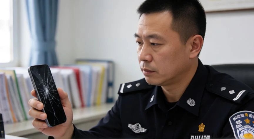 como hacer un nuevo imei, Agente policial examinando un teléfono móvil con la pantalla rota