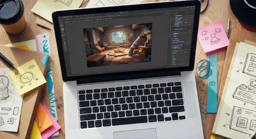 Espacio de trabajo de desarrollo de videojuegos con bocetos y motor gráfico abierto