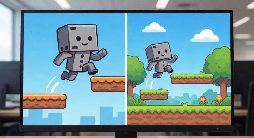 cómo hacer un nuevo juego, Comparación entre prototipo gris y nivel final de videojuego en un monitor