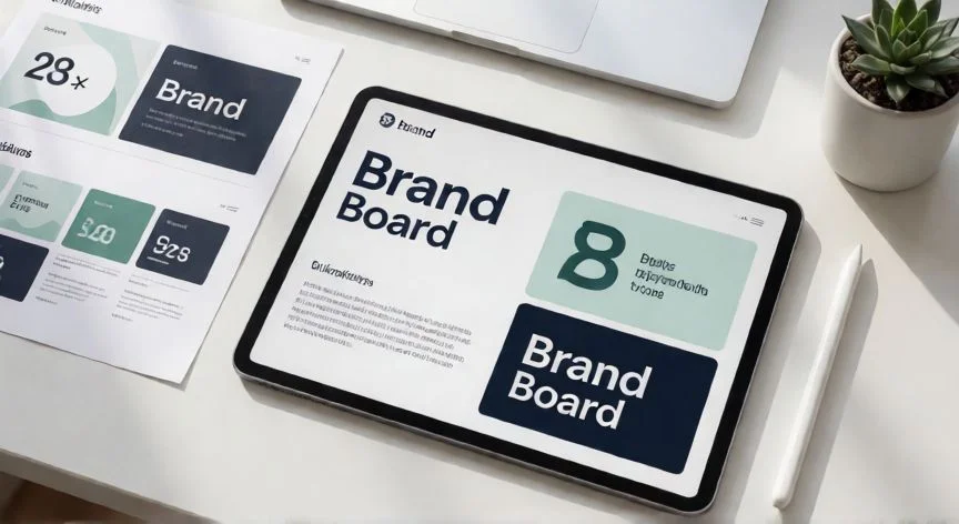 como hacer un nuevo kit de marca en canva, Espacio de trabajo organizado con tablet mostrando identidad visual y guías de marca impresas