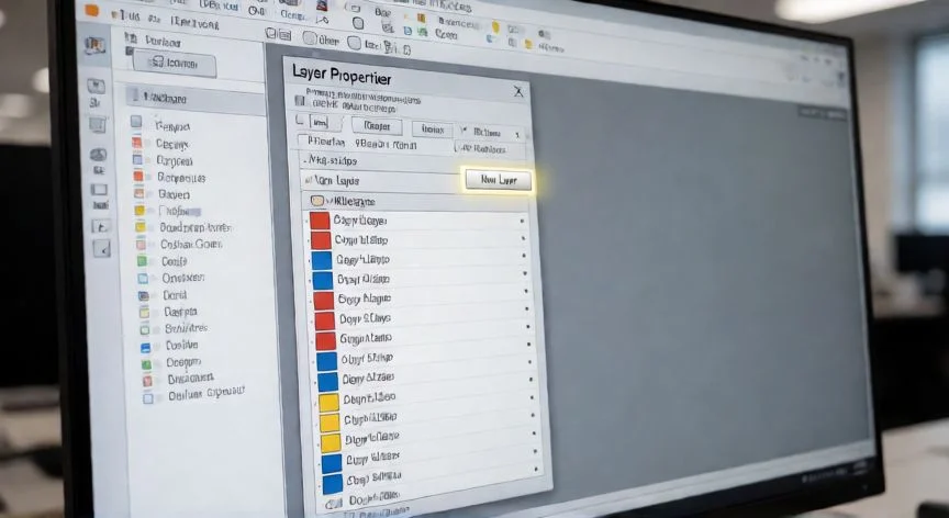 Interfaz de AutoCAD mostrando la ventana de propiedades de capas y el botón para crear una nueva capa