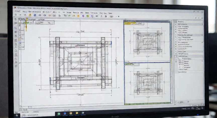 como hacer un nuevo layout en autocad, Vista de una hoja de diseño en AutoCAD con recuadros de vista y configuración de escala