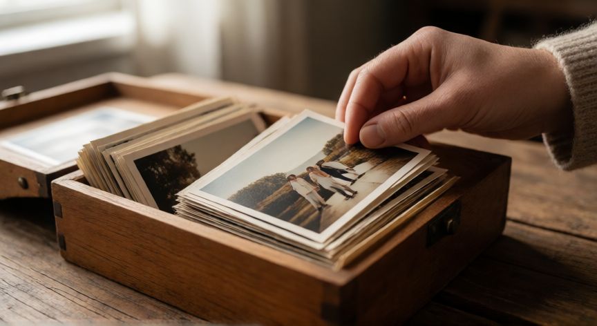 Manos seleccionando fotografías antiguas de una caja de madera para organizar un álbum familiar