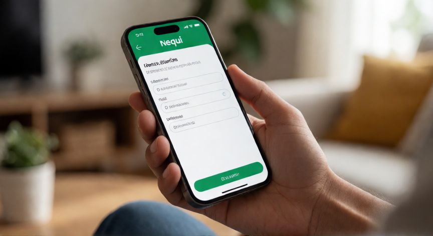 Hombre registrándose en la aplicación Nequi usando su teléfono móvil